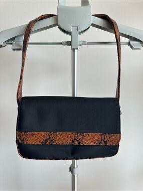 Black Clutch with Brown Snake-Print Trim